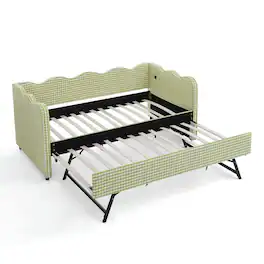 Kadyn - Cozy Gingham Daybed with Trundle, Twin Size Sofa Bed with USB Port & Wave Design, Linen Fabric - Green