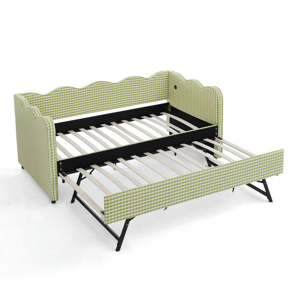 Front. Kadyn - Cozy Gingham Daybed with Trundle, Twin Size Sofa Bed with USB Port & Wave Design, Linen Fabric - Green.