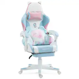 Chateau Abodes - Cat Gaming Chair with Paw Lumbar Cushion & Pillow for Girls & Teens - Blue Pink