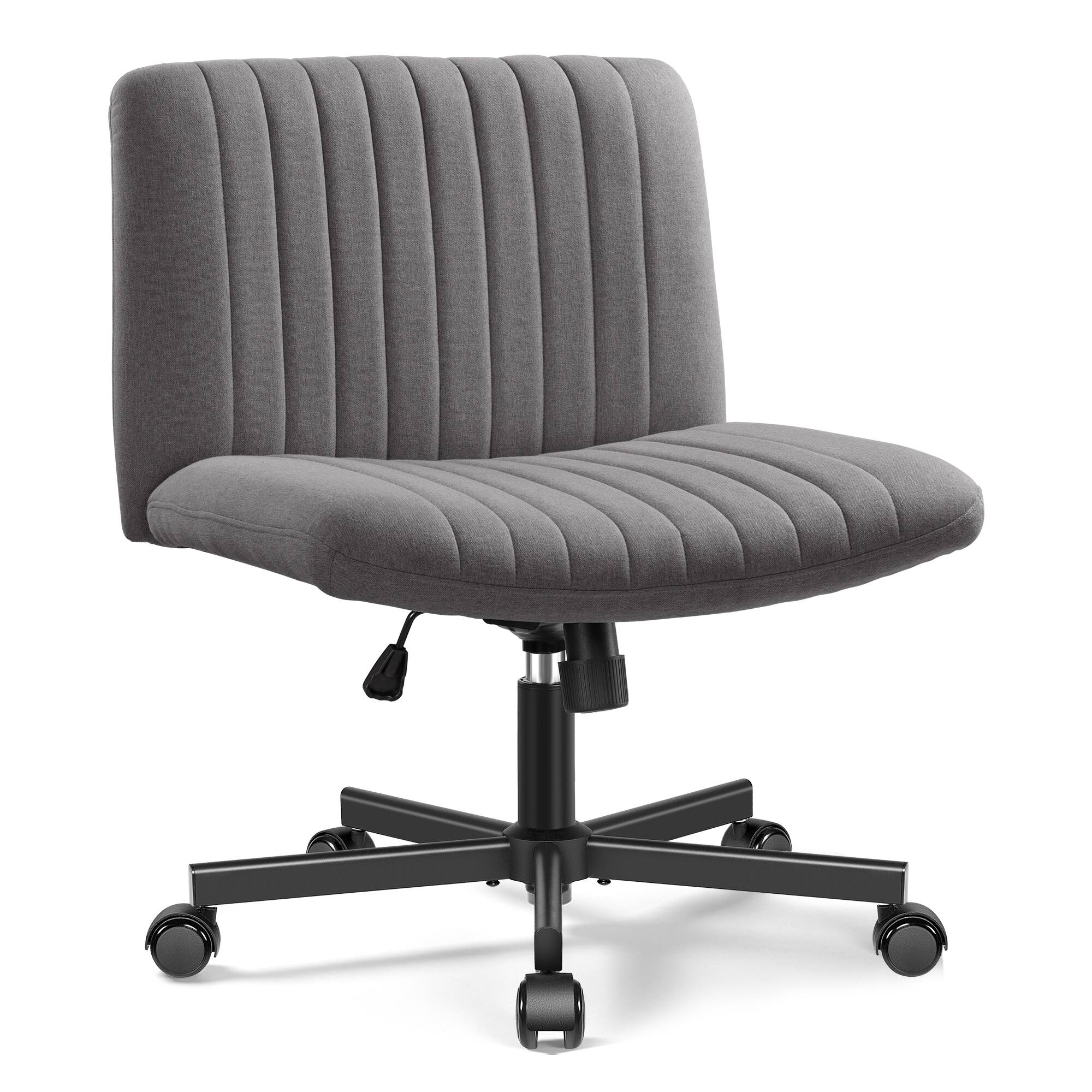 Angle. Brick Attic - Criss Cross Chair with Wheels, Wide Cross Legged Office Desk Vanity Chair Comfy Fabric Armless Adjustable Swivel - Dark Gray.