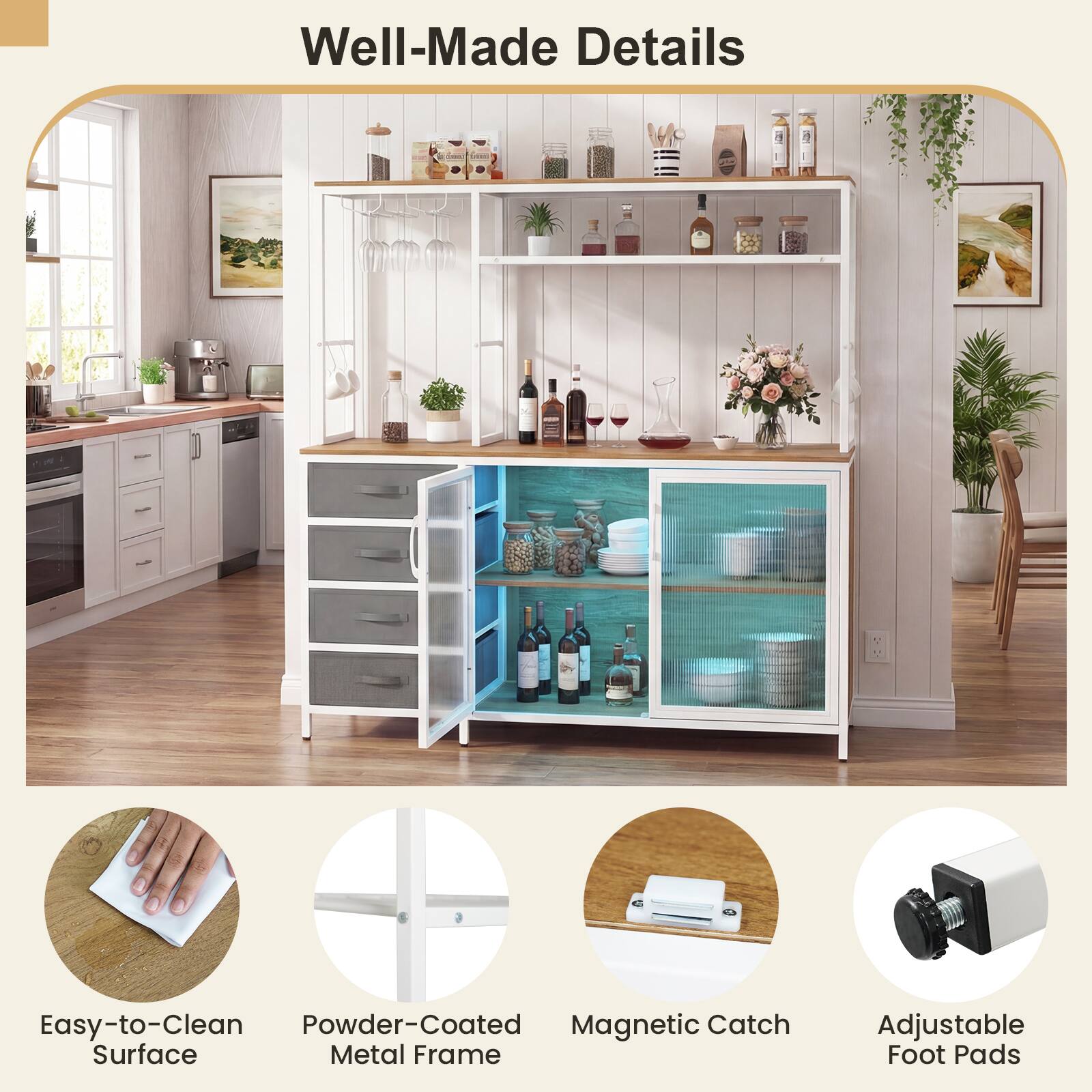 Well-Made Details

- Easy-to-Clean Surface
- Powder-Coated Metal Frame
- Magnetic Catch
- Adjustable Foot Pads