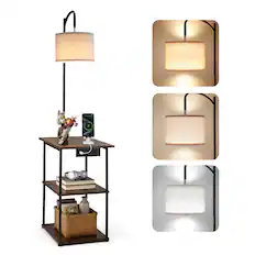 Front. VEVOR - Floor Lamp with Table, Narrow 3-Tier End Table with Open Shelves & 3 Color Temperature Lighting, Side Nightstand - Black + Brown.