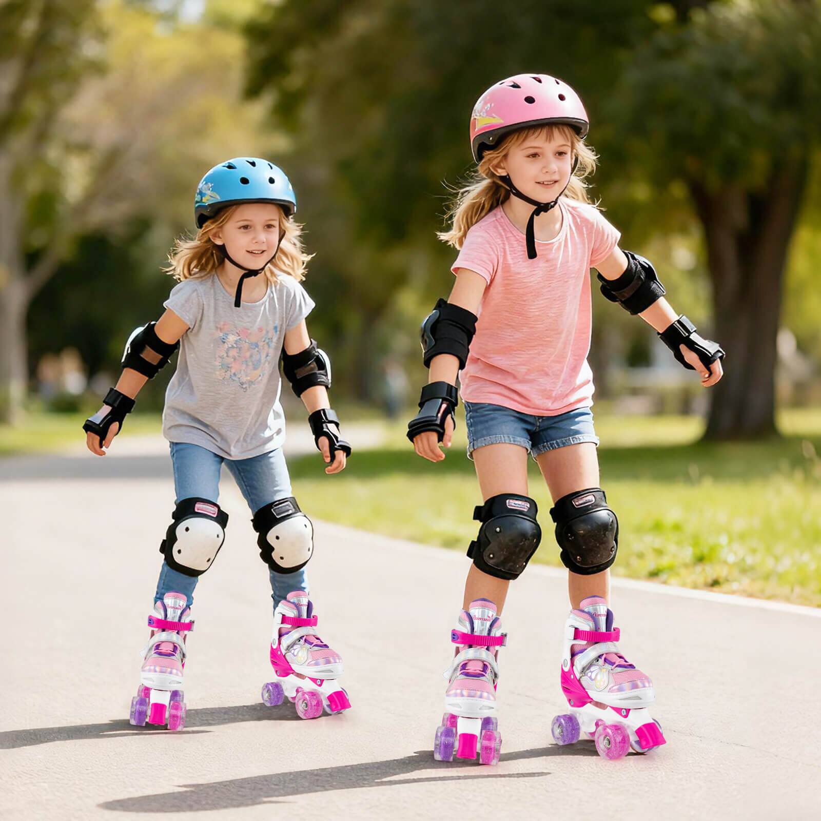 Alt View 1. Costway - Costway 4 Sizes Adjustable Quad Skates with Light-up Wheels Safety Protection for Ages 8-13 - Rose Red.