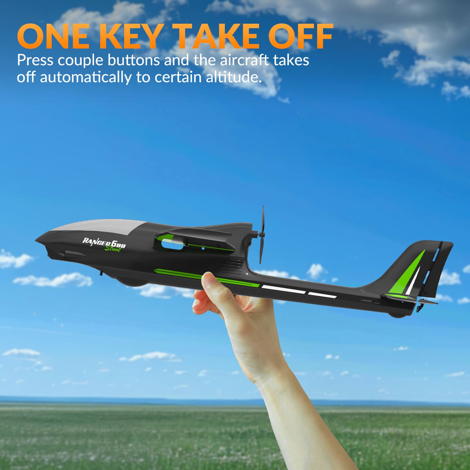 ONE KEY TAKE OFF  
Press couple buttons and the aircraft takes off automatically to certain altitude.