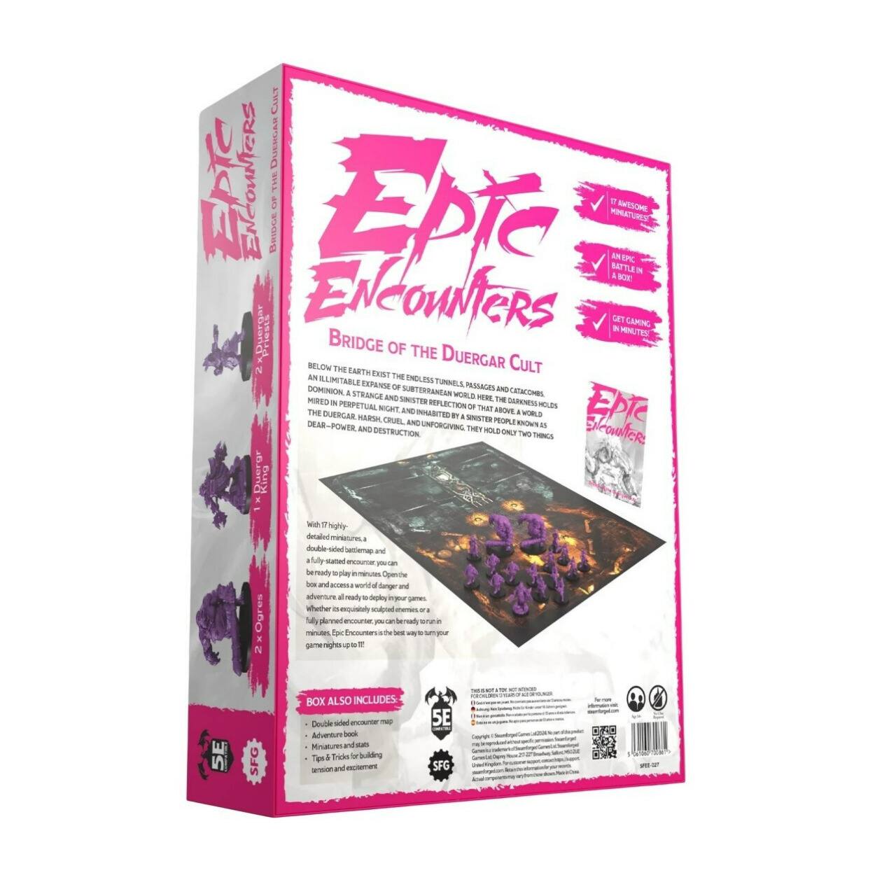 **Epic Encounters**

**Bridge of the Duergar Cult**

Below the earth exists the endless, illimitable, subterranean realm of the Duergar. A strange, sinister world mired in perpetual night, reflection, and a harsh, cruel, and unforgiving people. The Duergar hold dear only two things: power and destruction.

**Box also includes:**
- Double-sided encounter map
- Adventure book
- Miniatures and stats
- Tips & Tricks for building tension and excitement

**With 7 highly-detailed miniatures, a double-sided set terrain, and a fully planned encounter, you can be ready to play in minutes. Epic Encounters is the best way to turn game nights into epic adventures. Whether it's an exquisitely sculpted terrain, a fully planned encounter, or a ready-to-play game, Epic Encounters is the best way to turn game nights into epic adventures.**

**Epic Encounters**