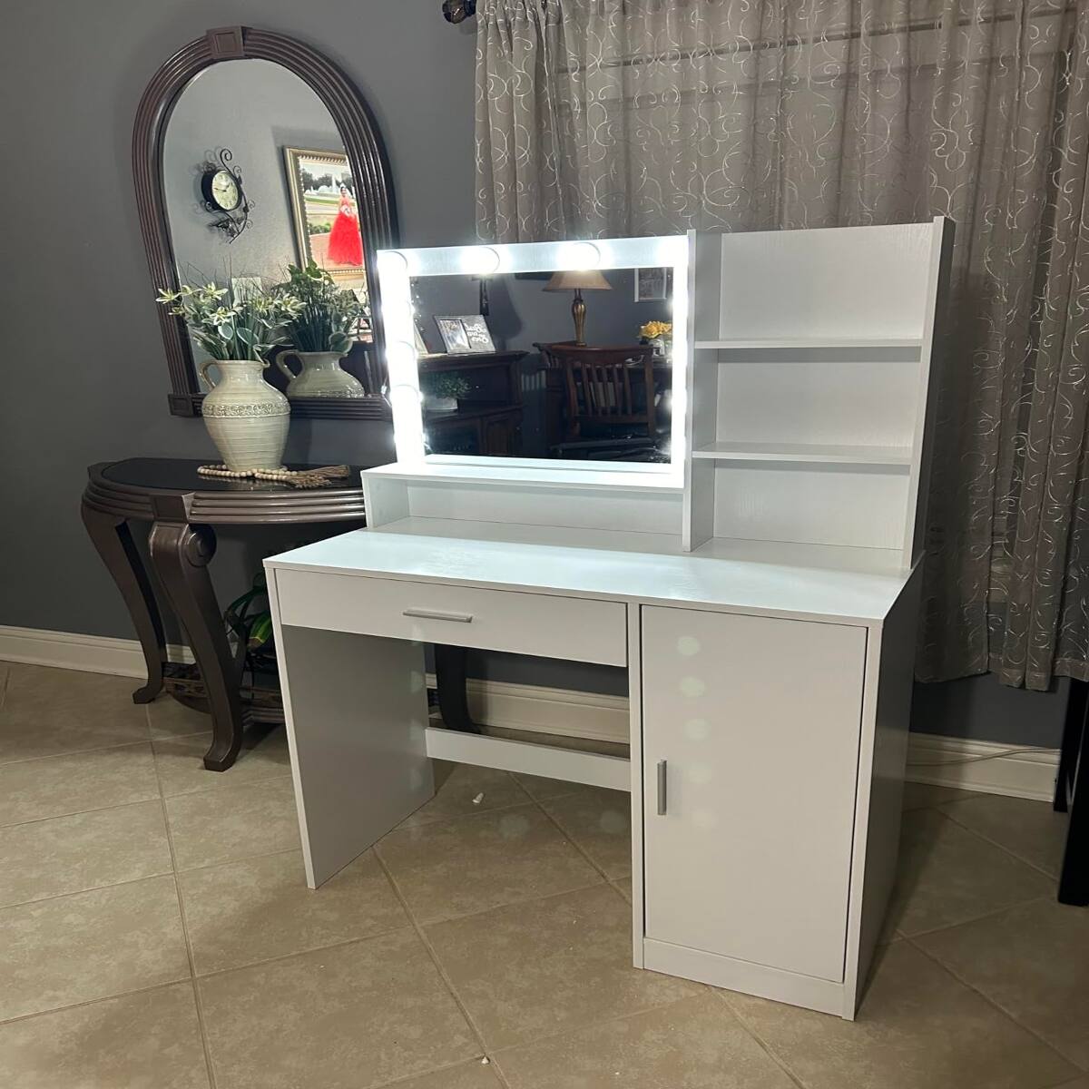 Back. Loheer - Loheer Pink Vanity Desk with Mirror and Lights, Three Lighting Modes, Large Storage - Baby Pink.