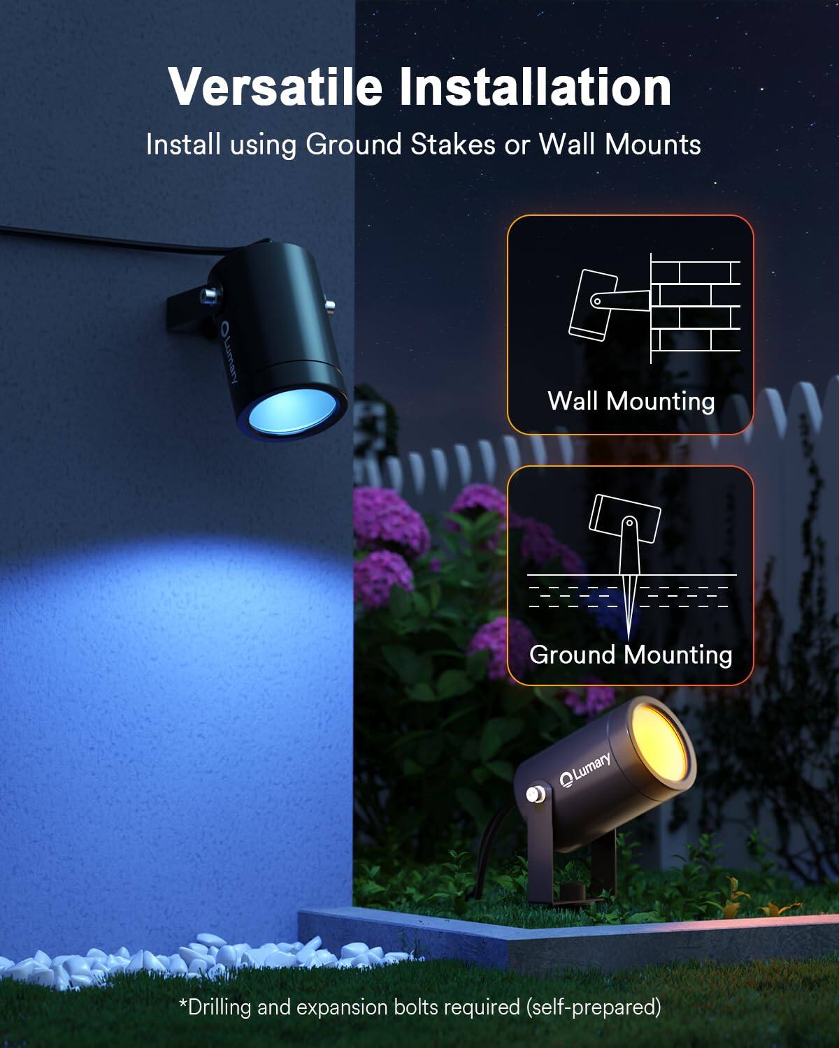 Versatile Installation  
Install using Ground Stakes or Wall Mounts  

Olumary Wall Mounting  
Ground Mounting  

*Drilling and expansion bolts required (self-prepared)