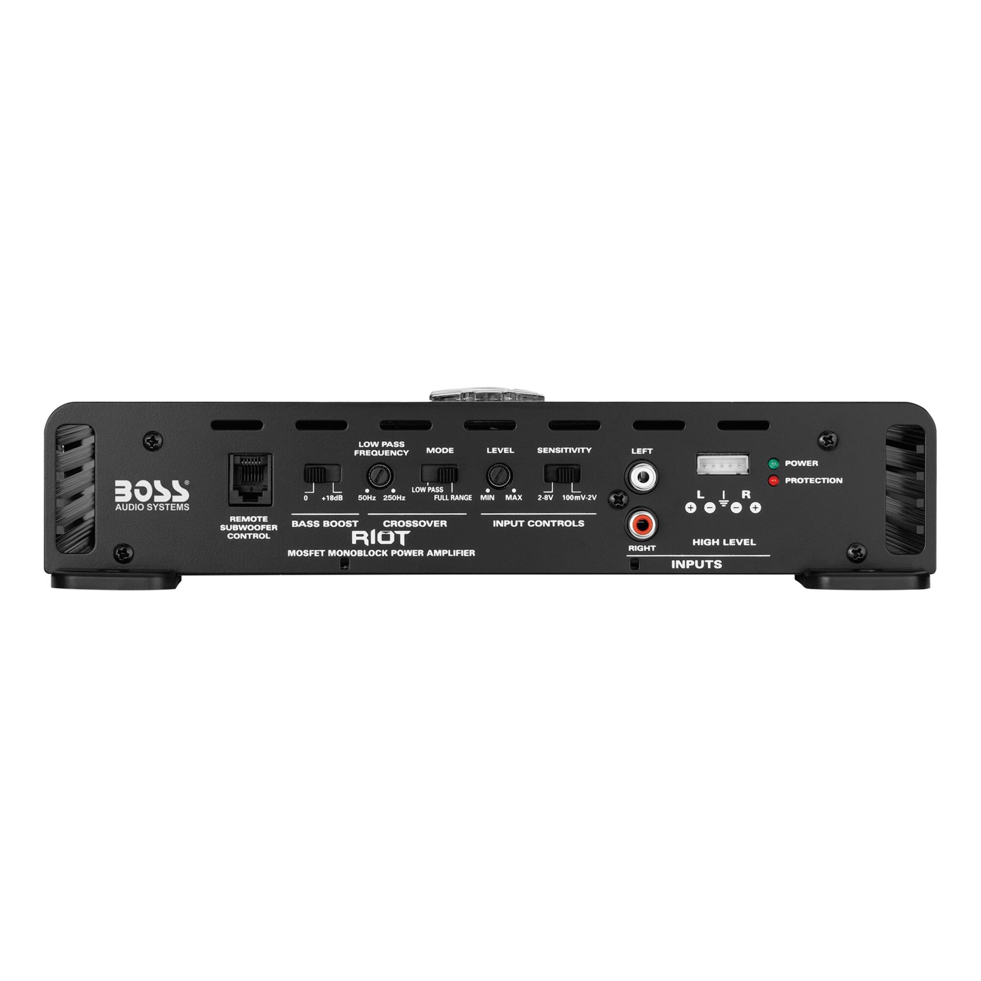 BOSS AUDIO SYSTEMS  
REMOTE BASS BOOST CROSSOVER INPUT CONTROLS  
SUBWOOFER CONTROL  
MOSFET MONOBLOCK POWER AMPLIFIER  
LOW PASS FREQUENCY  
LEVEL  
SENSITIVITY  
LEFT  
HIGH LEVEL INPUTS  
POWER PROTECTION  
LOW PASS MODE  
LOW PASS  
LEVEL  
SENSITIVITY  
LEFT  
HIGH LEVEL  
INPUT CONTROLS  
POWER  
PROTECTION  
0 - 180Hz  
50Hz - 250Hz  
FULL RANGE  
MAX. 2Ω  
180W/2Ω