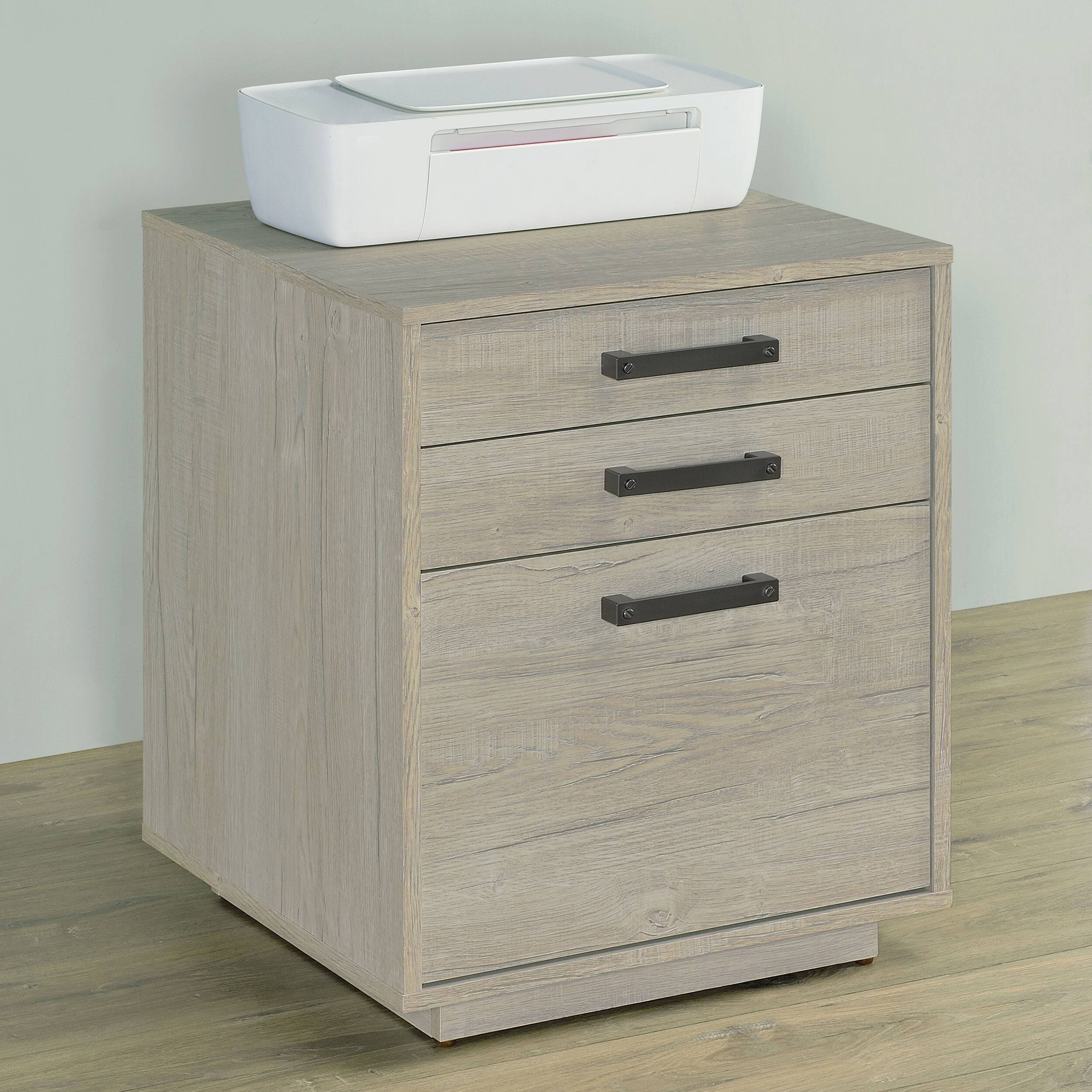Front. TinyHomie - Loomis Whitewashed Grey 3 Drawer Home Office File Cabinet.
