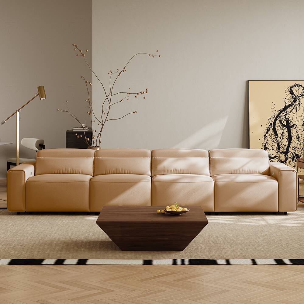 Left. POVISON - 138.82" Power Modular Couch Electric Recliner Sofa, 2 Extendable Recliners, USB Charging Port, Khaki - Khaki Sustainable Leather.