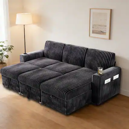 Front. Dyonery - 101" Sectional Convertible Sleeper Sofa with Pull Out Couch Bed,with Storage Chaise & USB Charging,Side pockets - Gray.