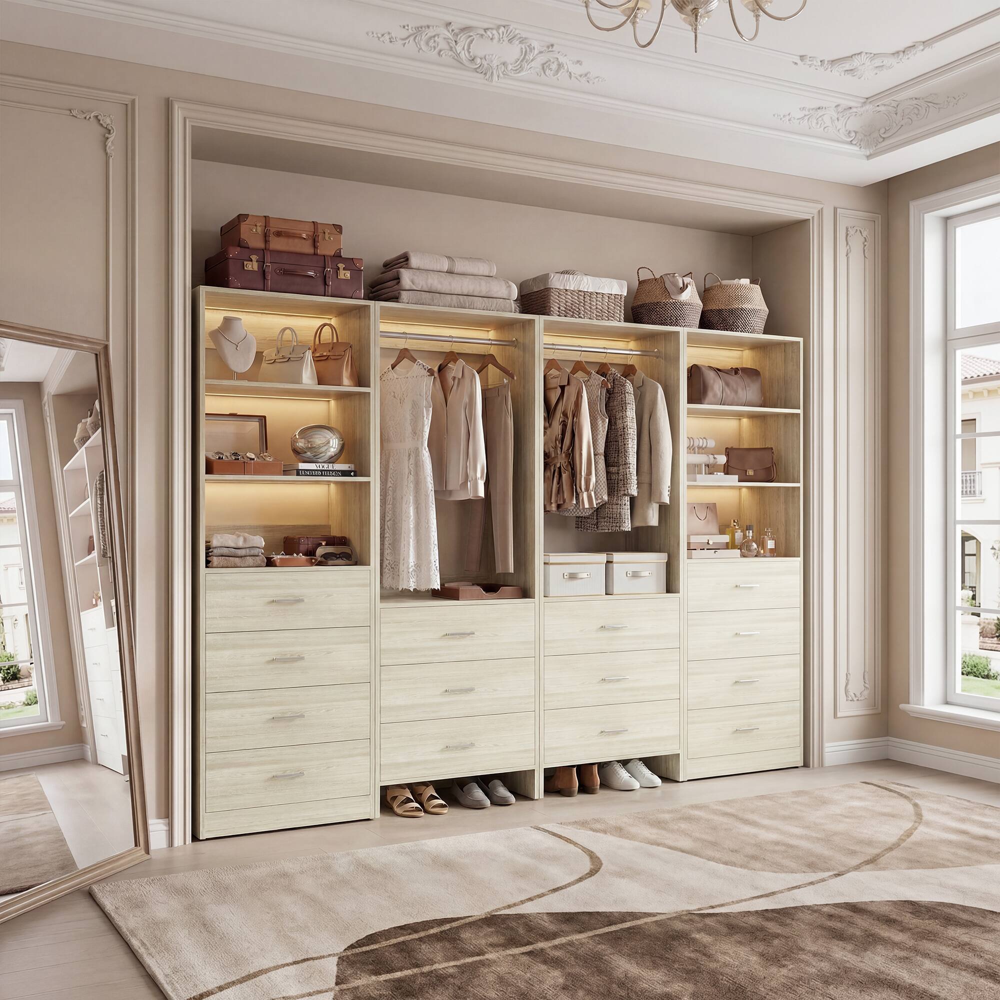 Alt View 2. Aheaplus - 90'' Walk-in Closet Organizer System with 14 Drawers, 2 Hanging Rods and Adjustable Shelves - Beige Oak.