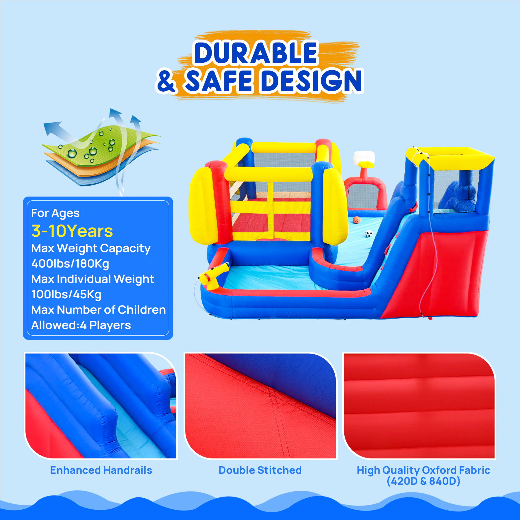 DURABLE & SAFE DESIGN  
For Ages 3-10 Years  
Max Weight Capacity: 400lbs/180Kg  
Max Individual Weight: 100lbs/45Kg  
Max Number of Children Allowed: 4 Players  
Enhanced Handrails  
Double Stitched  
High Quality Oxford Fabric (420D & 840D)