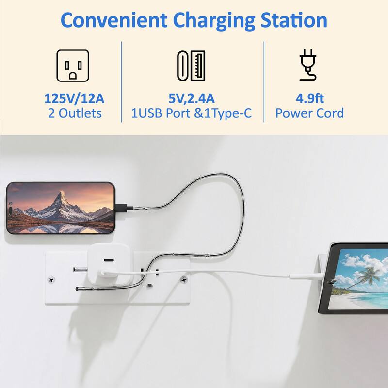 Convenient Charging Station  
125V/12A  
2 Outlets  
1USB Port &1Type-C  
5V,2.4A  
4.9ft Power Cord