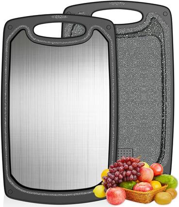 Front. PARKER SLATER - Stainless Steel Cutting Board, 15.6" x 9.5", Juice Groove, Non-Slip.