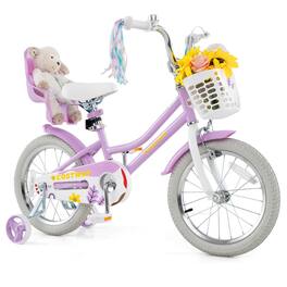 Costway - 16" Kids Bicycle with Basket Doll Seat Colorful Streamers Training Wheels - Purple