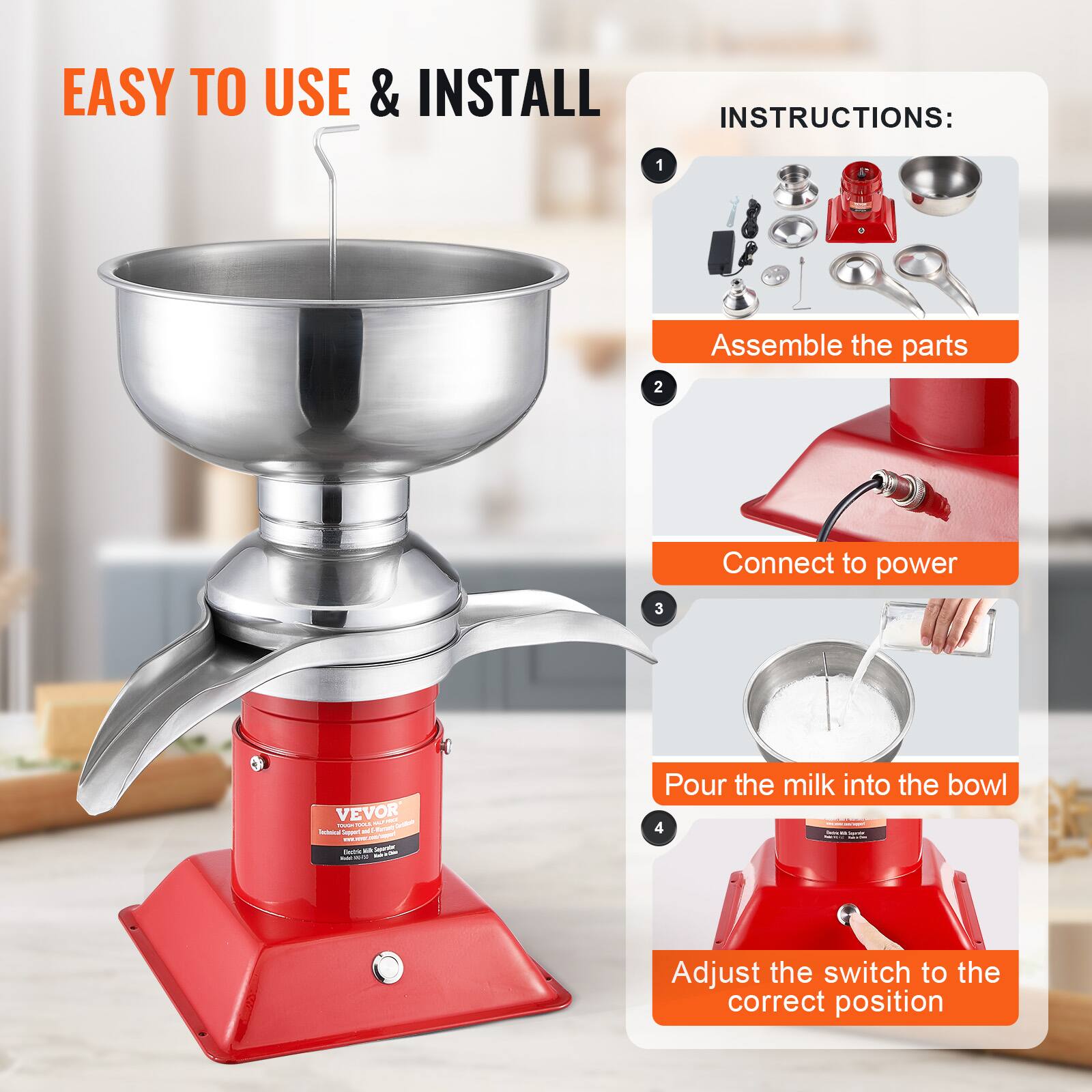 EASY TO USE & INSTALL

INSTRUCTIONS:
1. Assemble the parts
2. Connect to power
3. Pour the milk into the bowl
4. Adjust the switch to the correct position