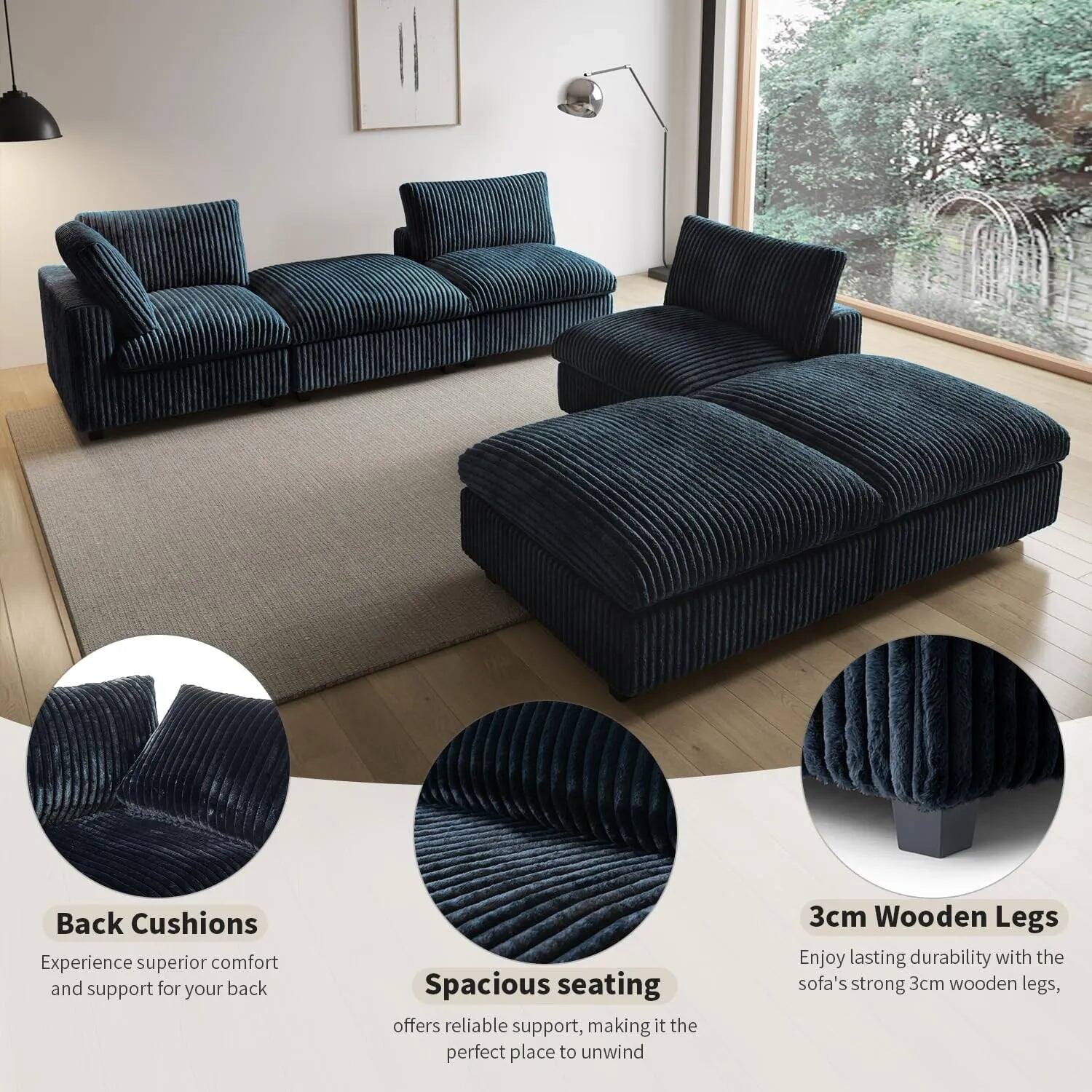 Back Cushions  
Experience superior comfort and support for your back  

Spacious seating  
offers reliable support, making it the perfect place to unwind  

3cm Wooden Legs  
Enjoy lasting durability with the sofa's strong 3cm wooden legs