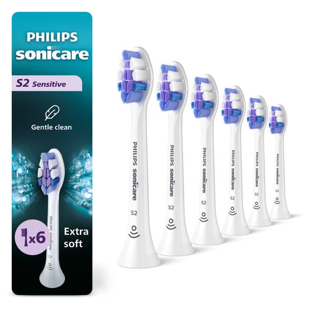 Philips Sonicare - S2 Sensitive - Replacement Toothbrush Heads, 6 Pack, HX6056/77 - White
