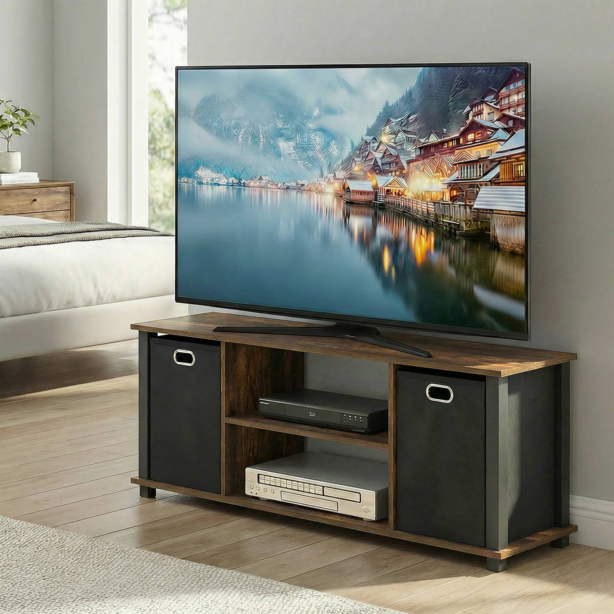 Alt View 2. Furinno - ECON TV Stand, 3-Tier Rectangular Entertainment Center with Open Back and Storage Bins, TV Console for TV up to 46 Inch - Amber Pine/Black.