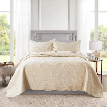 Front. Earthley Blooms - Queen Quilt Bedding Set 3 Pieces Microfiber Sets Lightweight Bedspreads Reversible Coverlets Rustic Bed - Khaki-King-106" x 96".