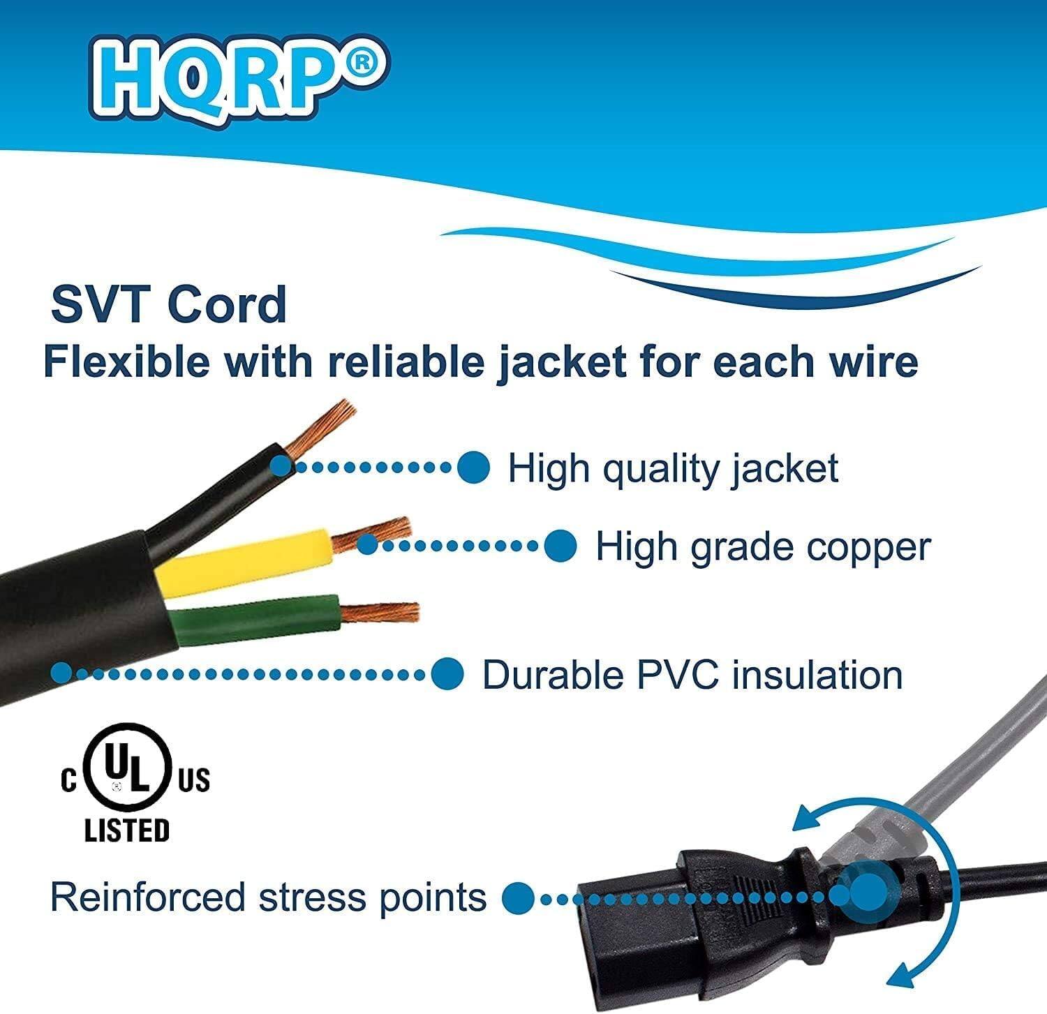 HQRP SVT Cord  
Flexible with reliable jacket for each wire  
- High quality jacket  
- High grade copper  
- Durable PVC insulation  
- Reinforced stress points  
UL US LISTED