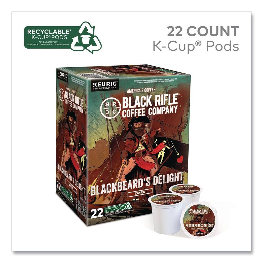 RECYCLABLE K-CUP PODS  
CHECK LOCALLY NOT RECYCLED IN MANY COMMUNITIES  

22 COUNT K-Cup Pods  

KEURIG GENUINE K-CUP PODS  

AMERICA'S COFFEE  

BLACK RIFLE COFFEE COMPANY  

BLACKBEARD'S DELIGHT DARK  

BLACKBEARD'S DELIGHT