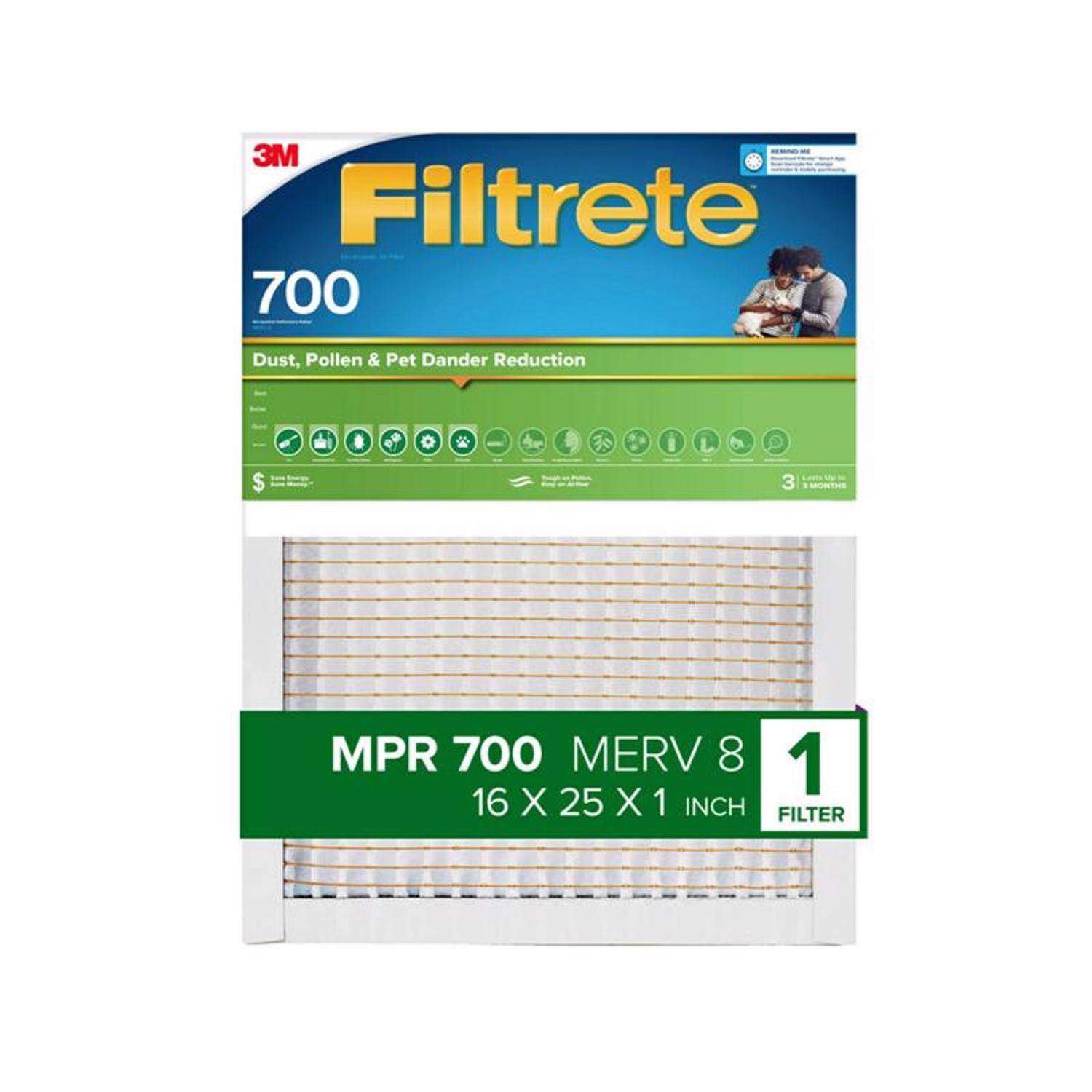3M Filtrete 700 Dust, Pollen & Pet Dander Reduction  
MPR 700 MERV 8  
16 X 25 X 1 INCH FILTER
