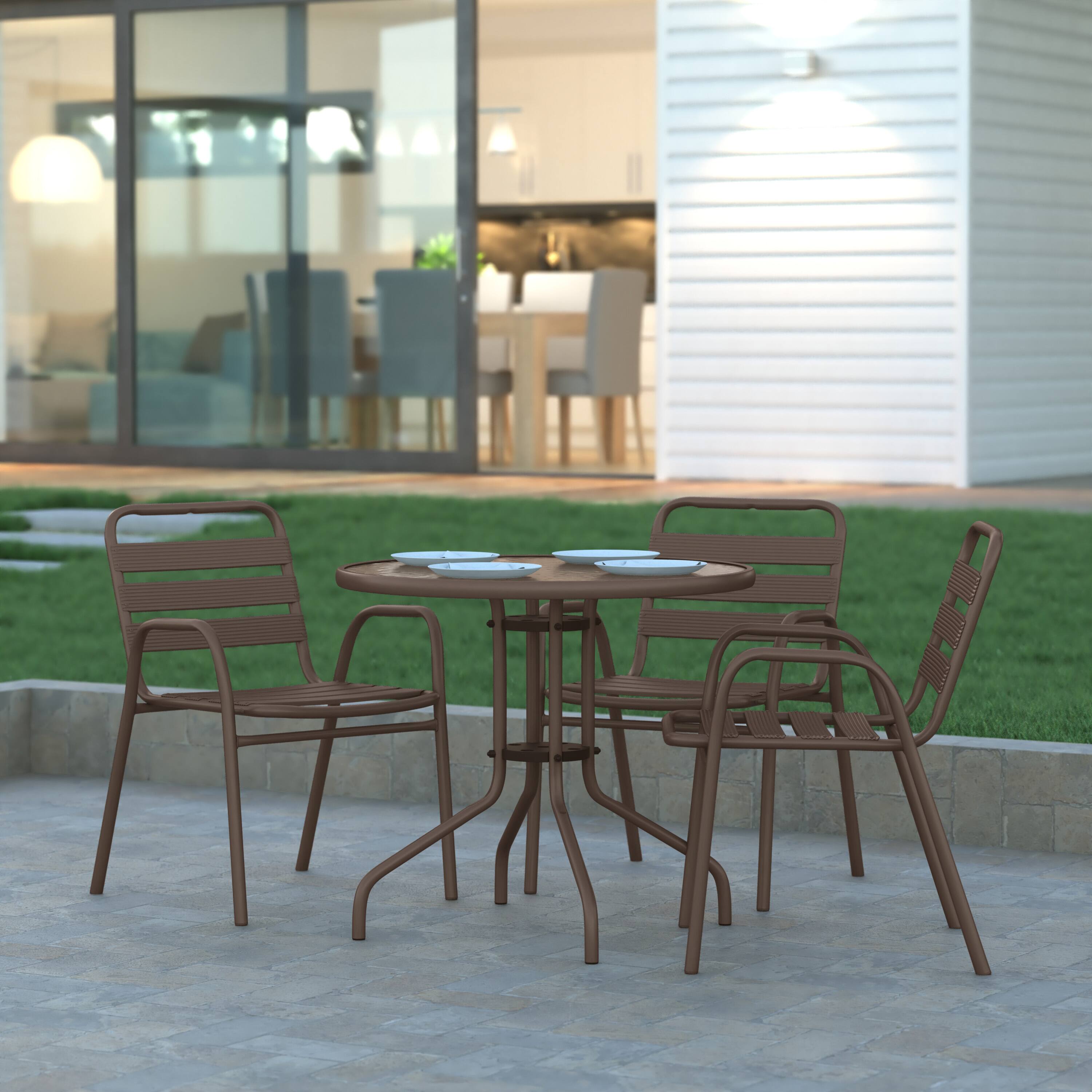 Alt View 4. Emma + Oliver - Metal Restaurant Dining Stack Chair with Aluminum Slats - Bronze.