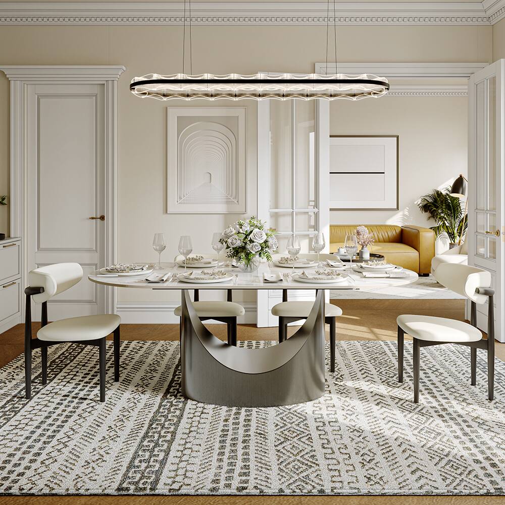 Angle. POVISON - 71"Hobart Modern Oval Dining Table for 8-10, White Oval Glossy Sintered Stone Kitchen Table, Gray Carbon Steel Base - White.