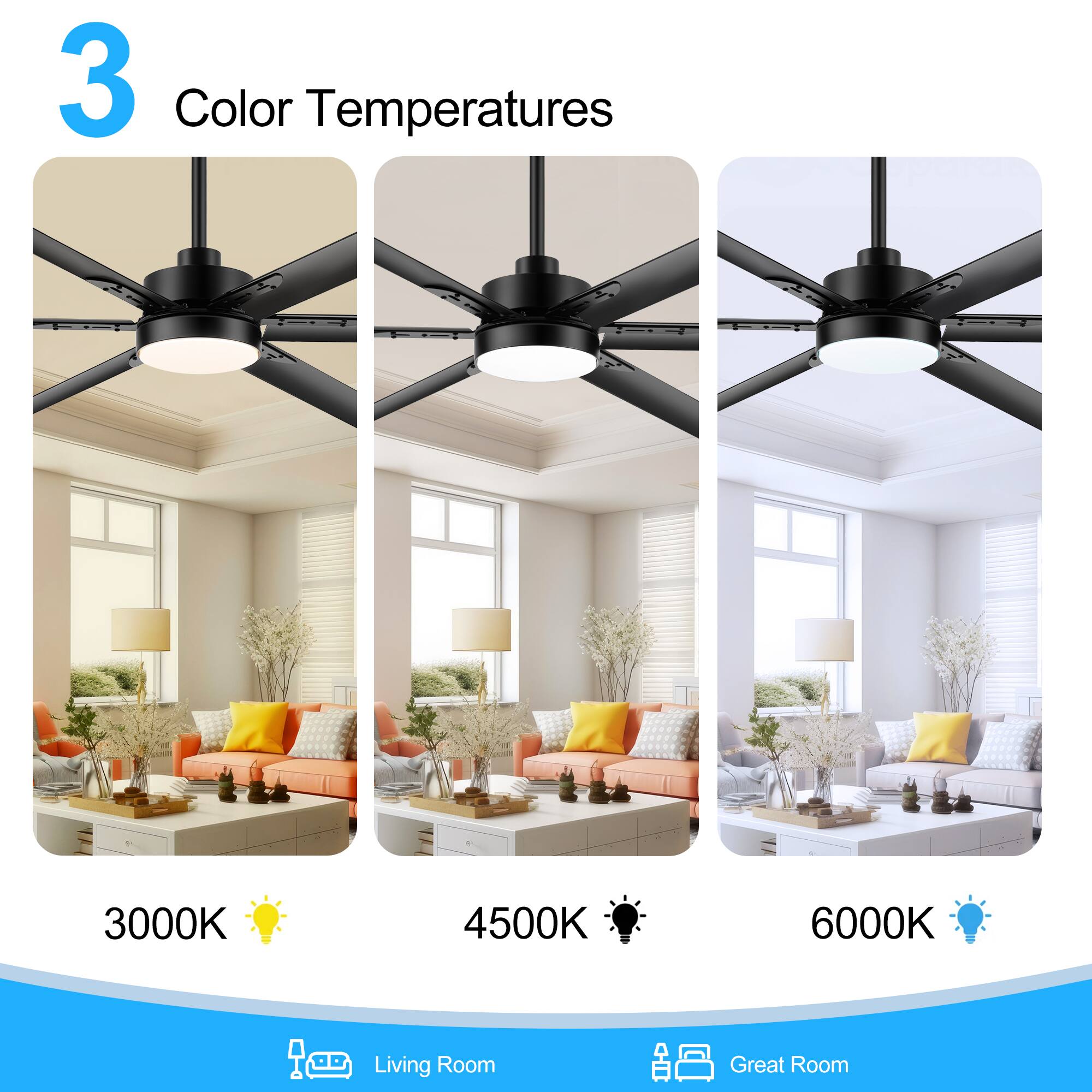 3 Color Temperatures
3000K
4500K
6000K
Living Room
Great Room
