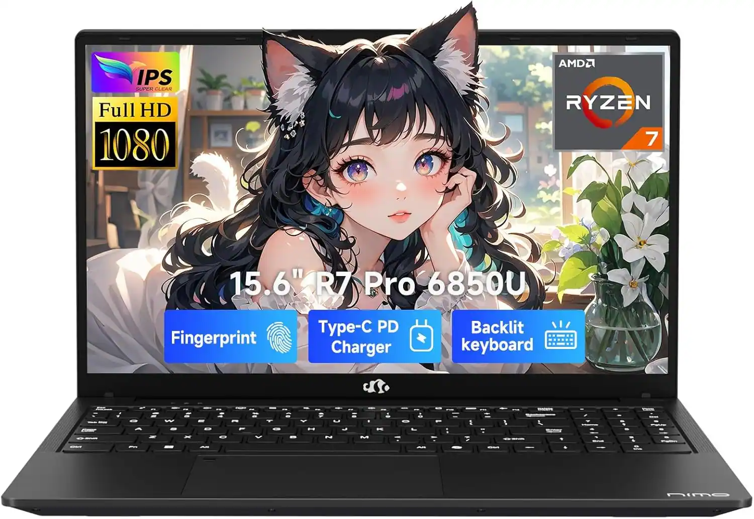Sure, here is the corrected and grouped text from the image:
- IPS SUPER CLEAR
- Full HD 1080
- AMD RYZEN 7
- 15.6" R7 Pro 6850U
- Fingerprint
- Type-C PD Charger
- Backlit keyboard