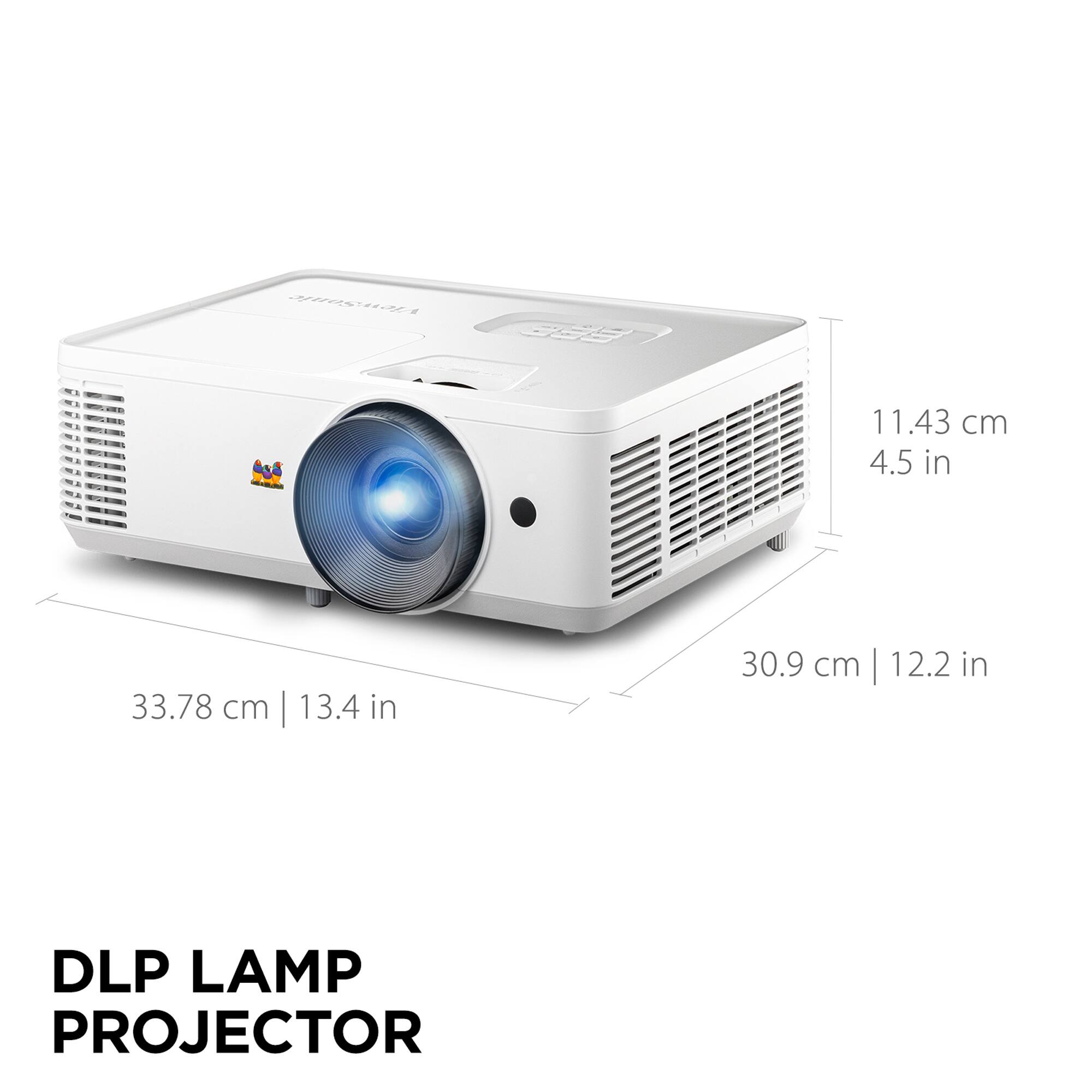 11.43 cm | 4.5 in  
33.78 cm | 13.4 in  
30.9 cm | 12.2 in  

DLP LAMP PROJECTOR