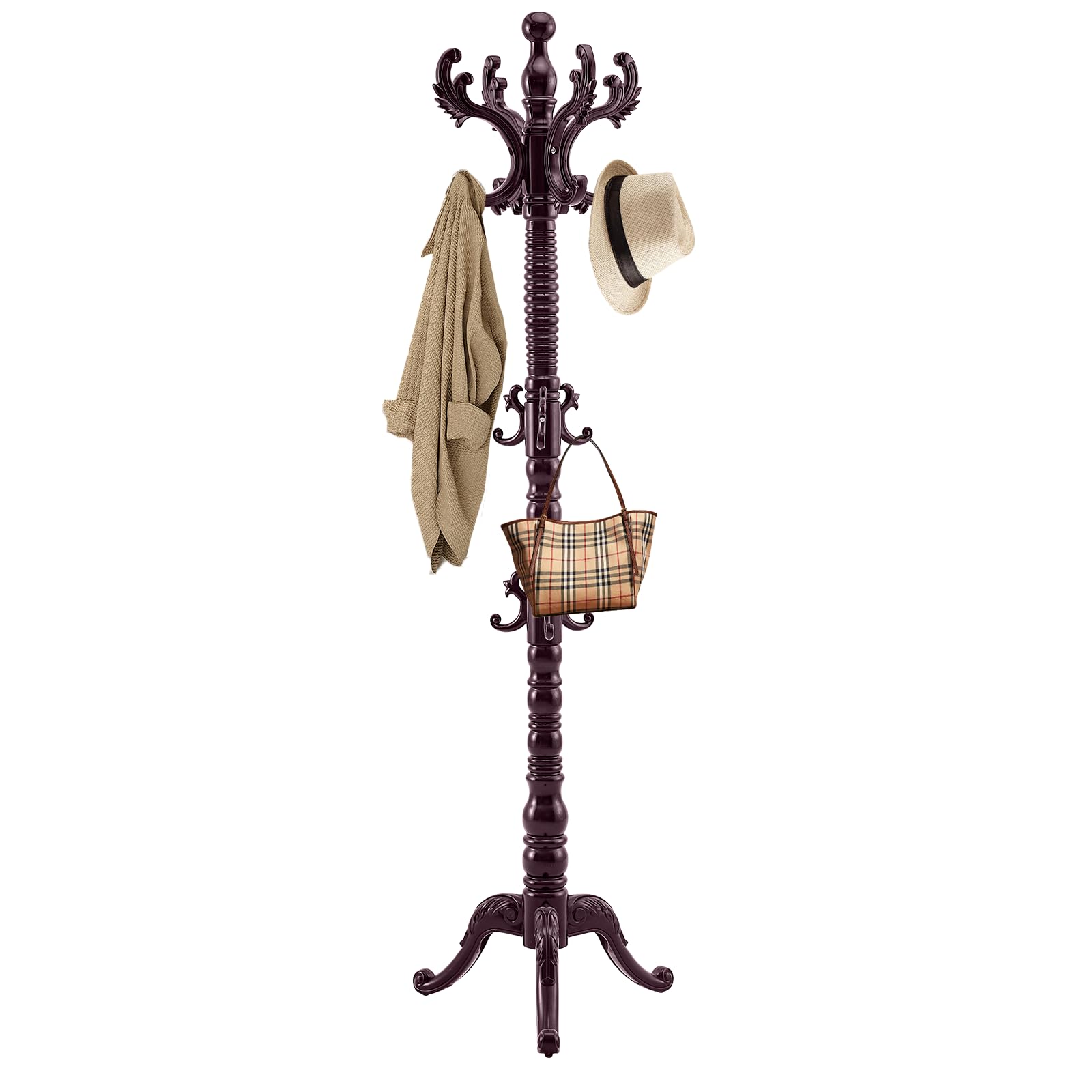HM 1810 - Wooden Coat Rack Freestanding Solid Wood Stand With Vintage Heavy Duty Standing Sturdy Jacket Hanger Tree For - Triangle Base -14 Hooks