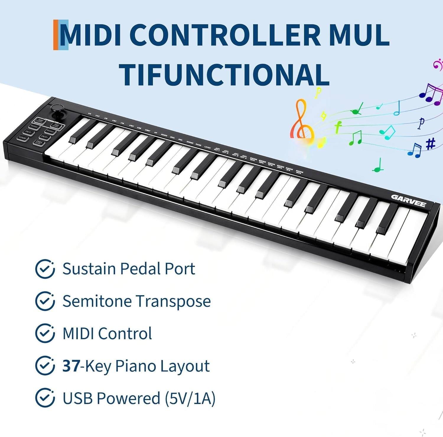 MIDI CONTROLLER MULTIFUNCTIONAL

- Sustain Pedal Port
- Semitone Transpose
- MIDI Control
- 37-Key Piano Layout
- USB Powered (5V/1A)