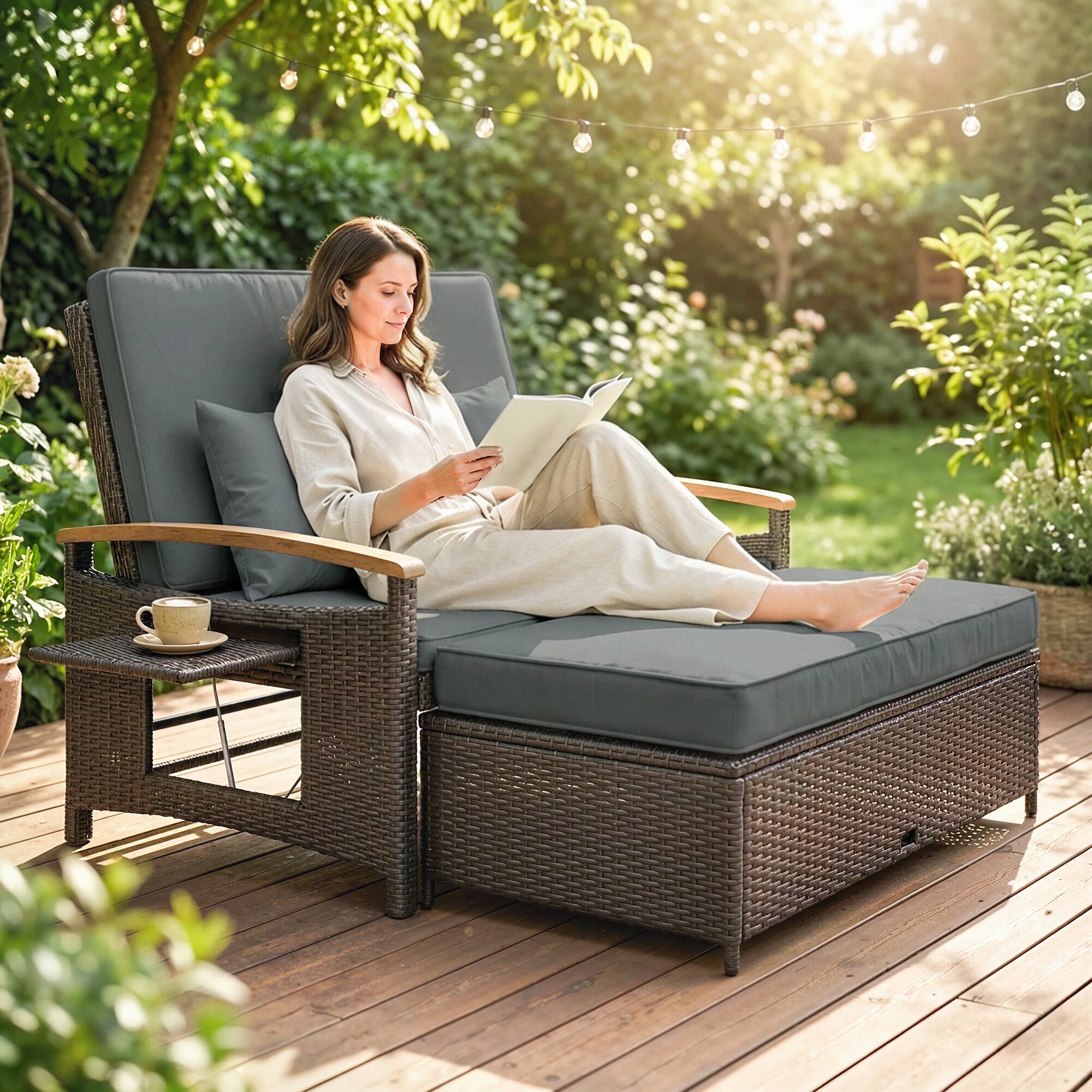 Alt View 1. Outsunny - Outdoor Daybed w/4-Level Adjustable Backrest, Patio Sofa Bed w/Storage Ottoman, Acacia Wood Armrest - Mixed Gray.