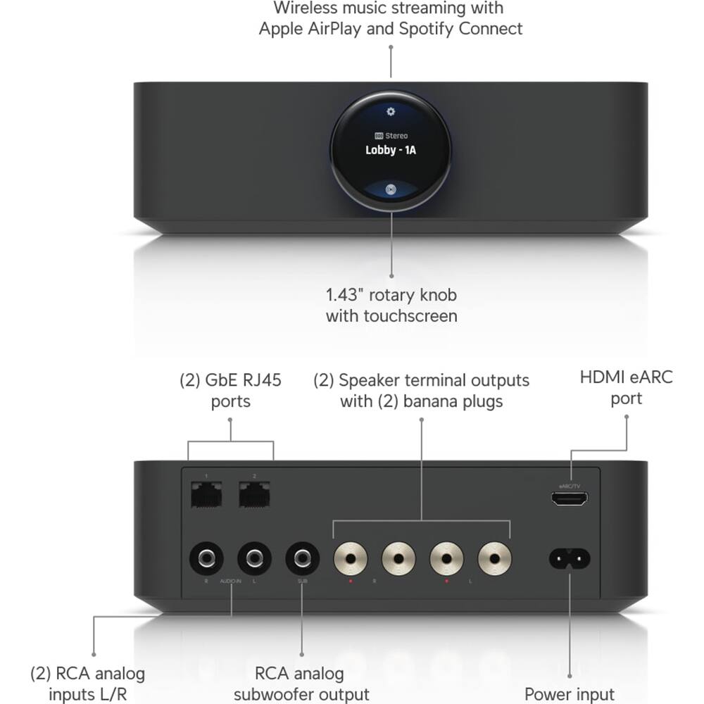 Wireless music streaming with Apple AirPlay and Spotify Connect

Stereo Lobby - 1A

1.43" rotary knob with touchscreen

(2) GbE RJ45 ports

(2) Speaker terminal outputs with (2) banana plugs

HDMI eARC port

(2) RCA analog inputs L/R

RCA analog subwoofer output

Power input