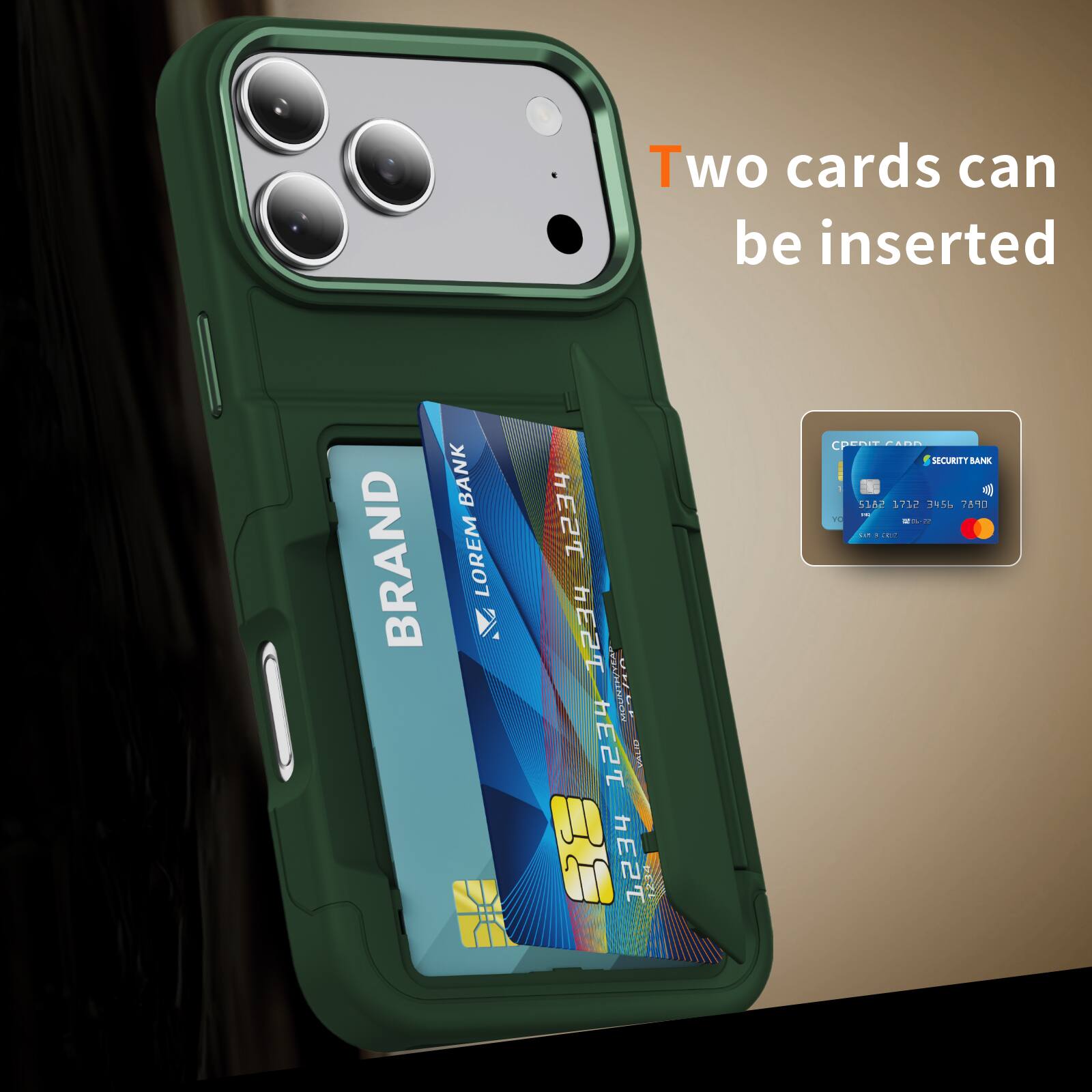 Two cards can be inserted.

BANK BRAND  
LOREM 1234 E2T 3  
EPTHE2 MUUNEPR NSTUN LE  
: 1234 VALIE P hE2T 1234 penitcAnn RO0..  
Ad SECURITT SAUNK 516C 1712 1N5 76'10