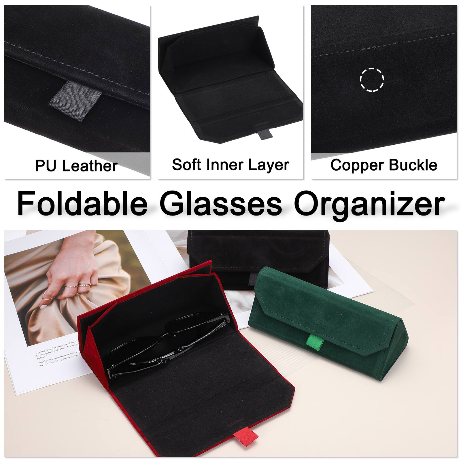 PU Leather Soft Inner Layer Copper Buckle Foldable Glasses Organizer