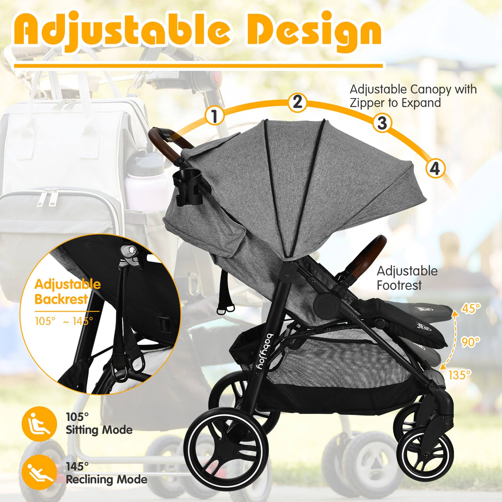 Adjustable Design
1. Adjustable Canopy with Zipper to Expand
2. Adjustable Backrest 105° ~ 145°
3. Adjustable Footrest 45° 90° 135°
4. Sitting Mode 105°
5. Reclining Mode 145°
