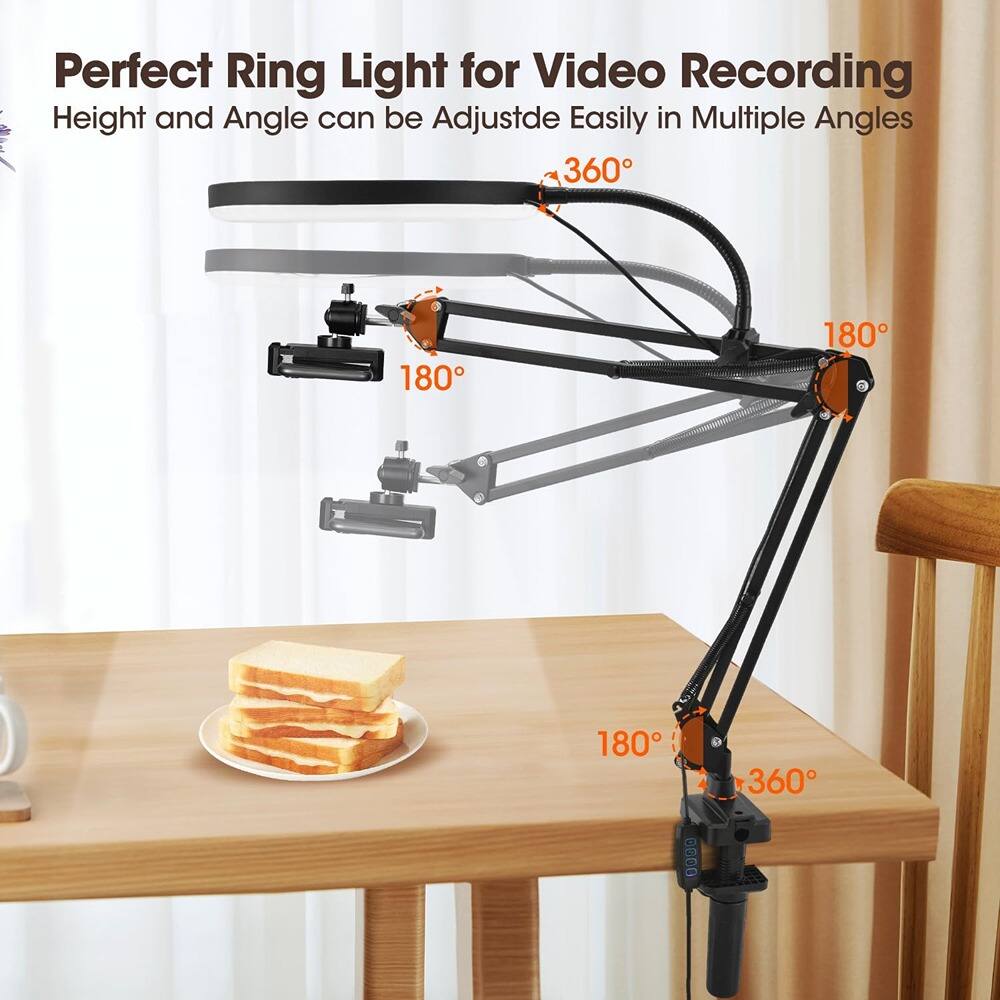 Perfect Ring Light for Video Recording  
Height and Angle can be Adjusted Easily in Multiple Angles  

360°  
180°  
180°  
180°  
360°