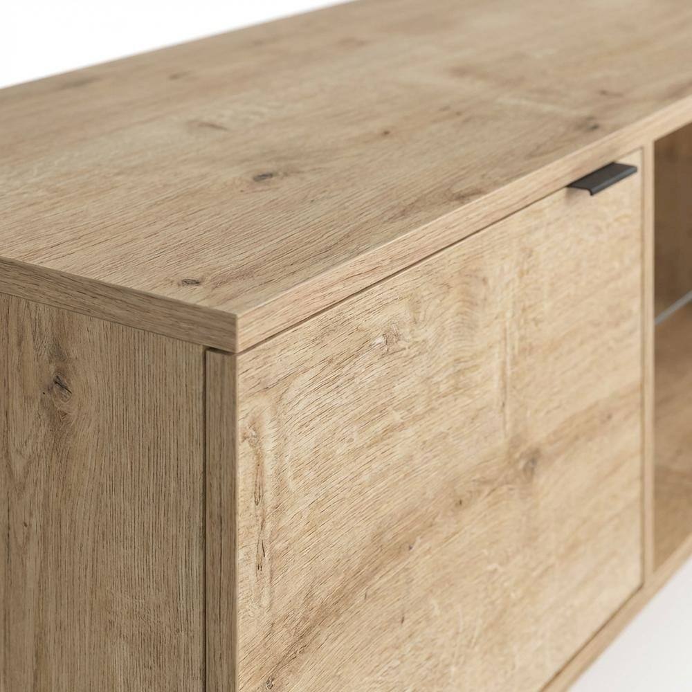 Alt View 4. FurniFact - Mid Century Modern Oak Glass Shelf TV Stand with Wooden Frame - Brown.
