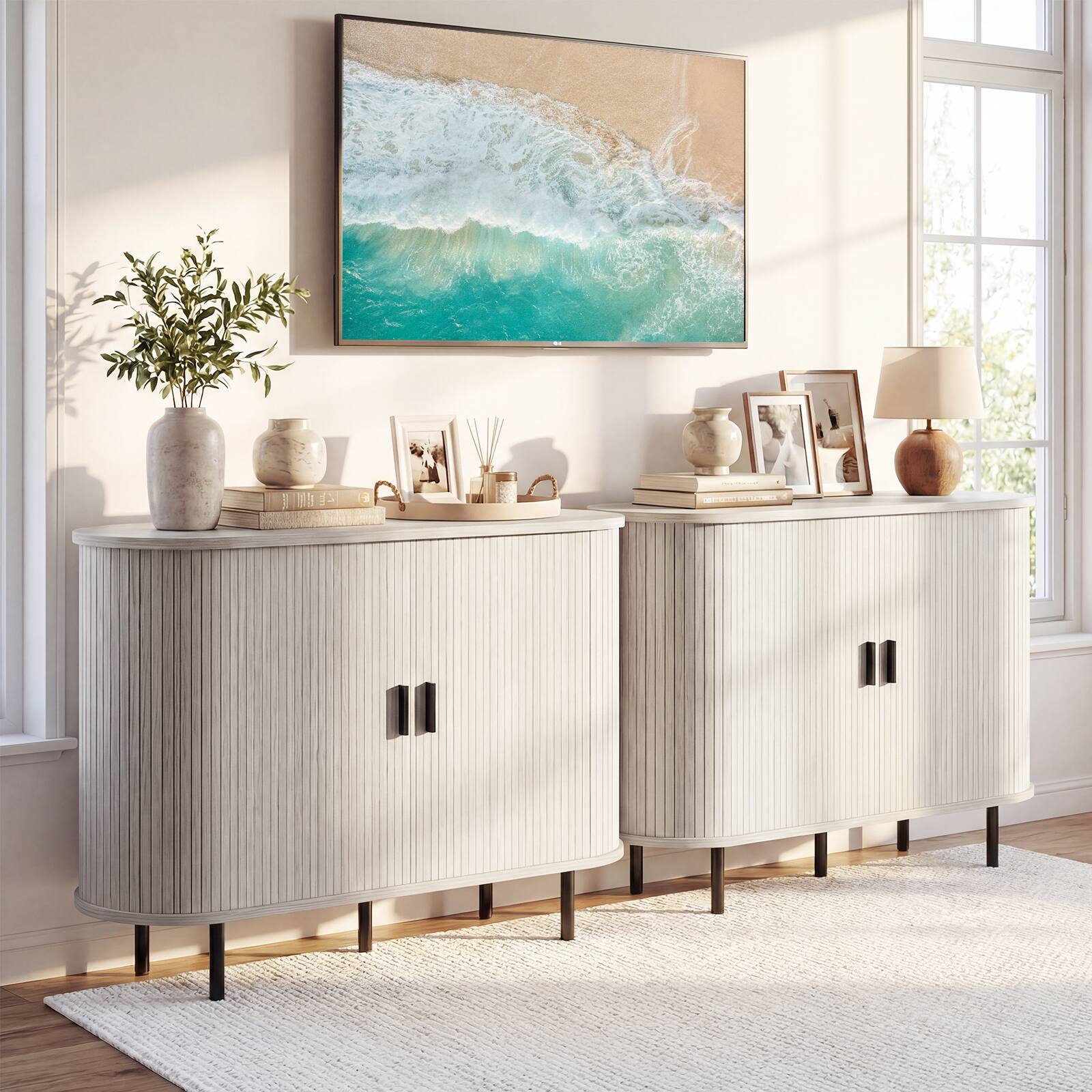 Alt View 5. Costway - Costway 47" Fluted Sideboard Buffet Cabinet Coffee Bar Console Table with Metal Legs - Gray.