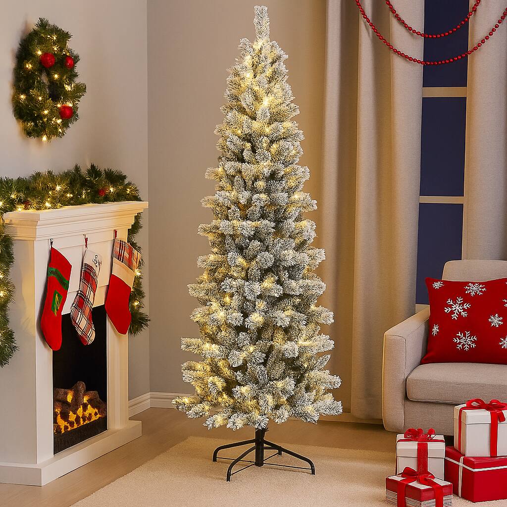 Front. BreeBe - Flocked Artificial Tree with 9 Light Modes – 5/6/7.5/8ft Pre-Lit Design - White.