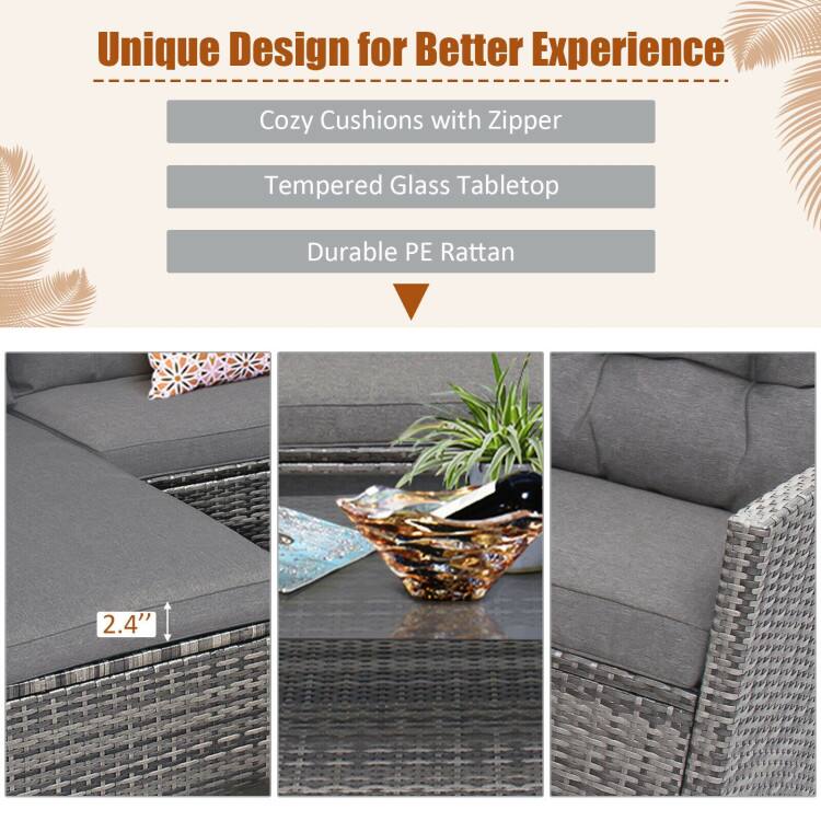Unique Design for Better Experience

- Cozy Cushions with Zipper
- Tempered Glass Tabletop
- Durable PE Rattan

2.4"