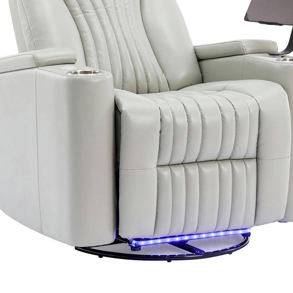 Left. Kadyn - 270° Power Swivel Home Theater Recliner with Arm Storage, LED Strip, Cup Holder, Tray Table & Phone Holder - Gray.