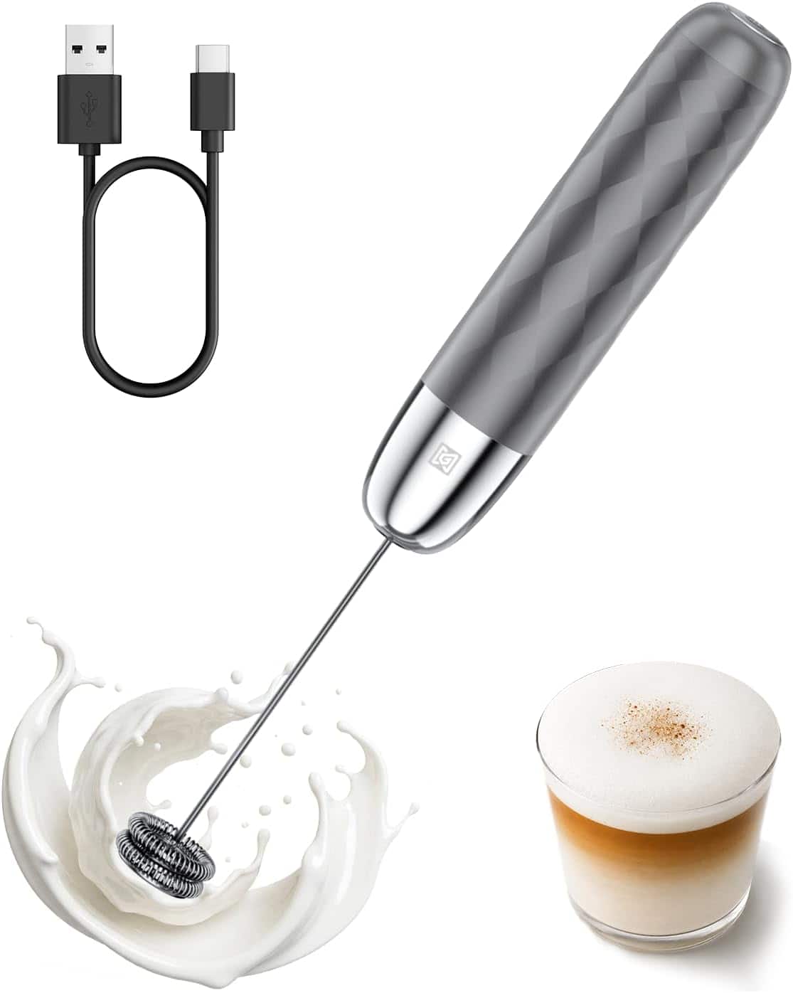 Front. Maestri House - LunaFro Mini Rechargeable Milk Frother with Detachable Wand - Medium Gray and Silver.
