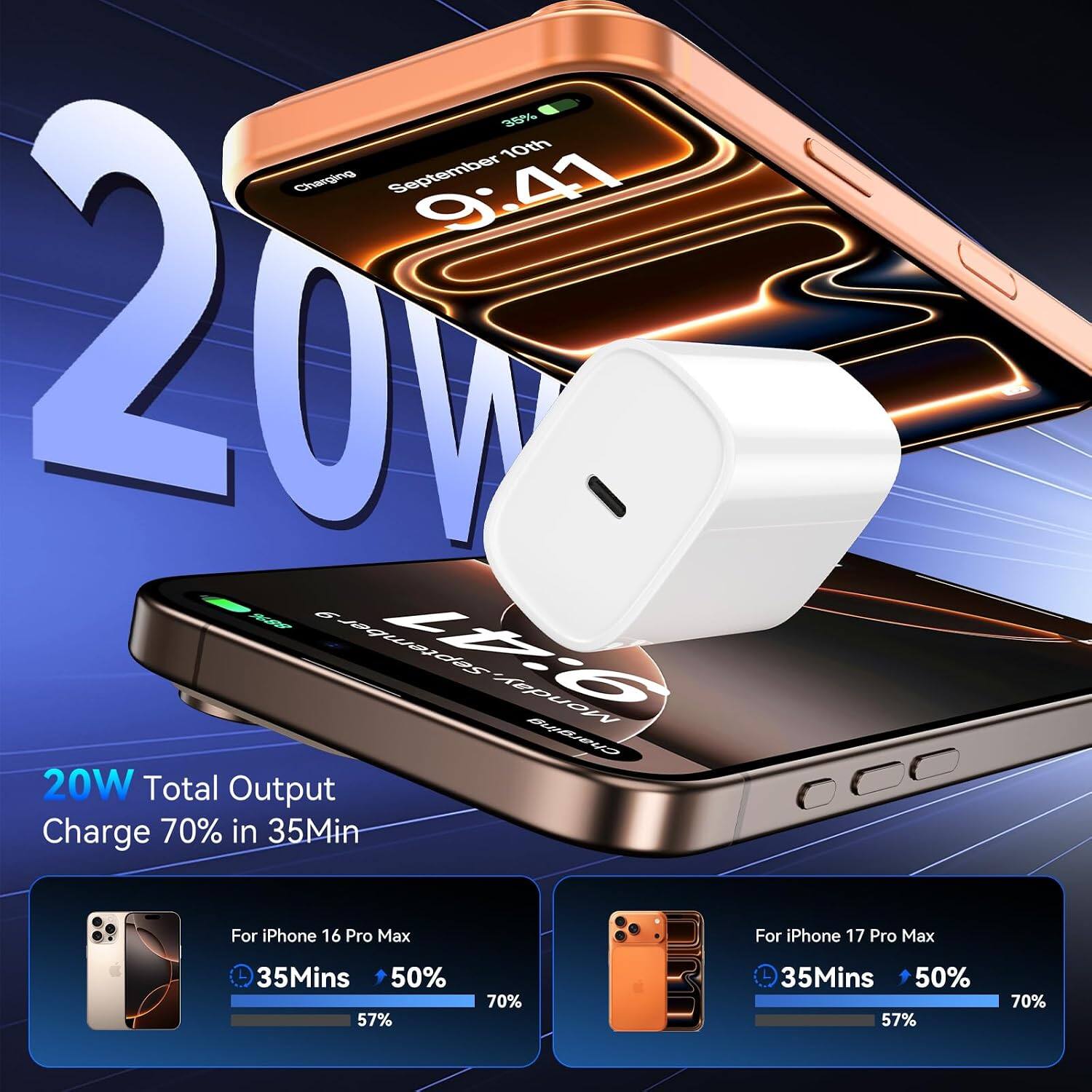 35% 10th Charging September 9:41 200g %88 6 September 9 9:41 Monday, Charging 20W Total Output 000 Charge 70% in 35Min

For iPhone 16 Pro Max
For iPhone 17 Pro Max

35Mins 50% 57%
70%