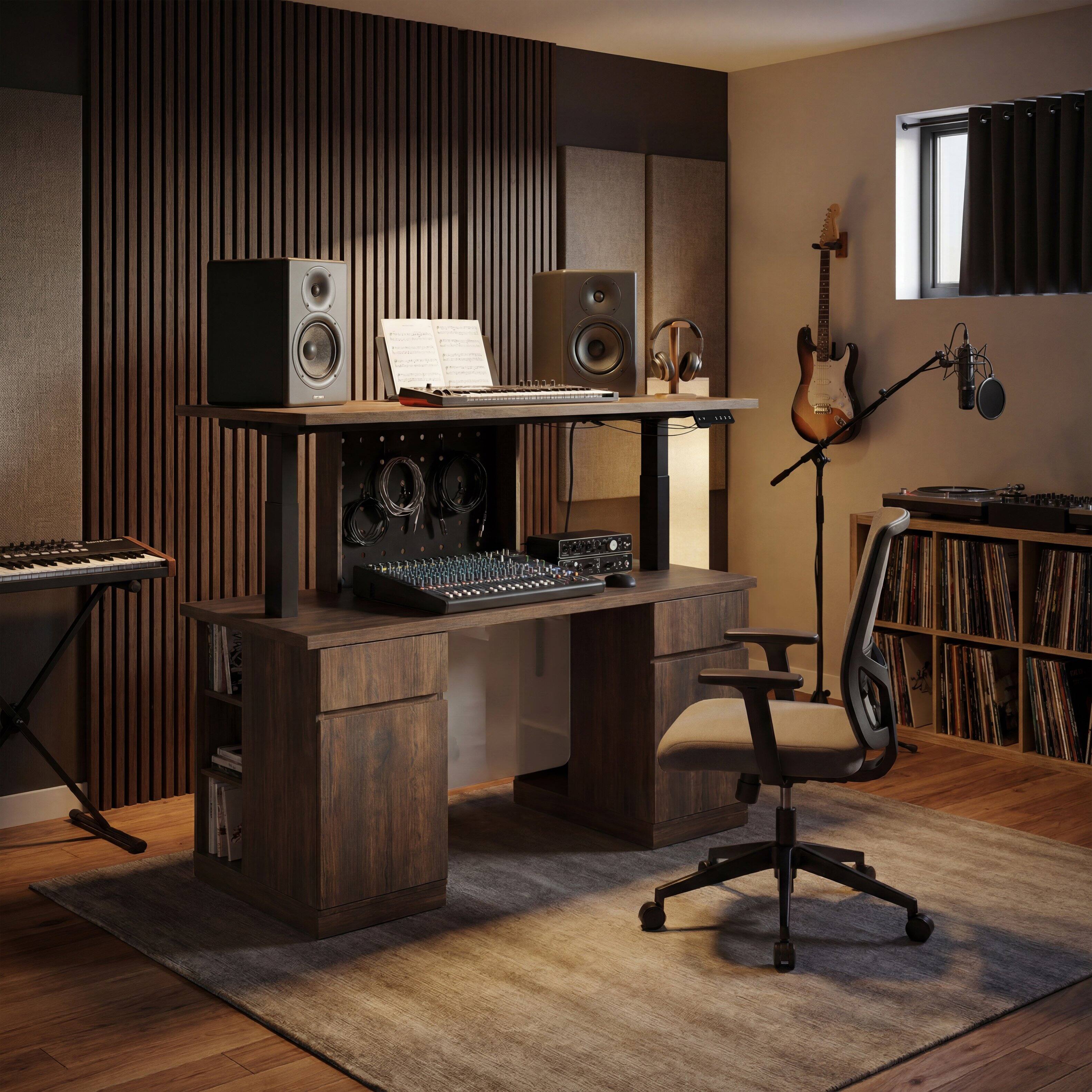 Left. Famapy - Electric Height Adjustable Standing Desk with Storage Drawers & LED Light,Workstation with Pegboard Memory Presets - Dark Brown.