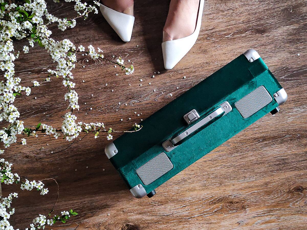 Alt View 5. Arkrocket - Arkrocket Curiosity III Suitcase Bluetooth Record Player Turntable built-in Speakers (Green Velvet) - Green Velvet.